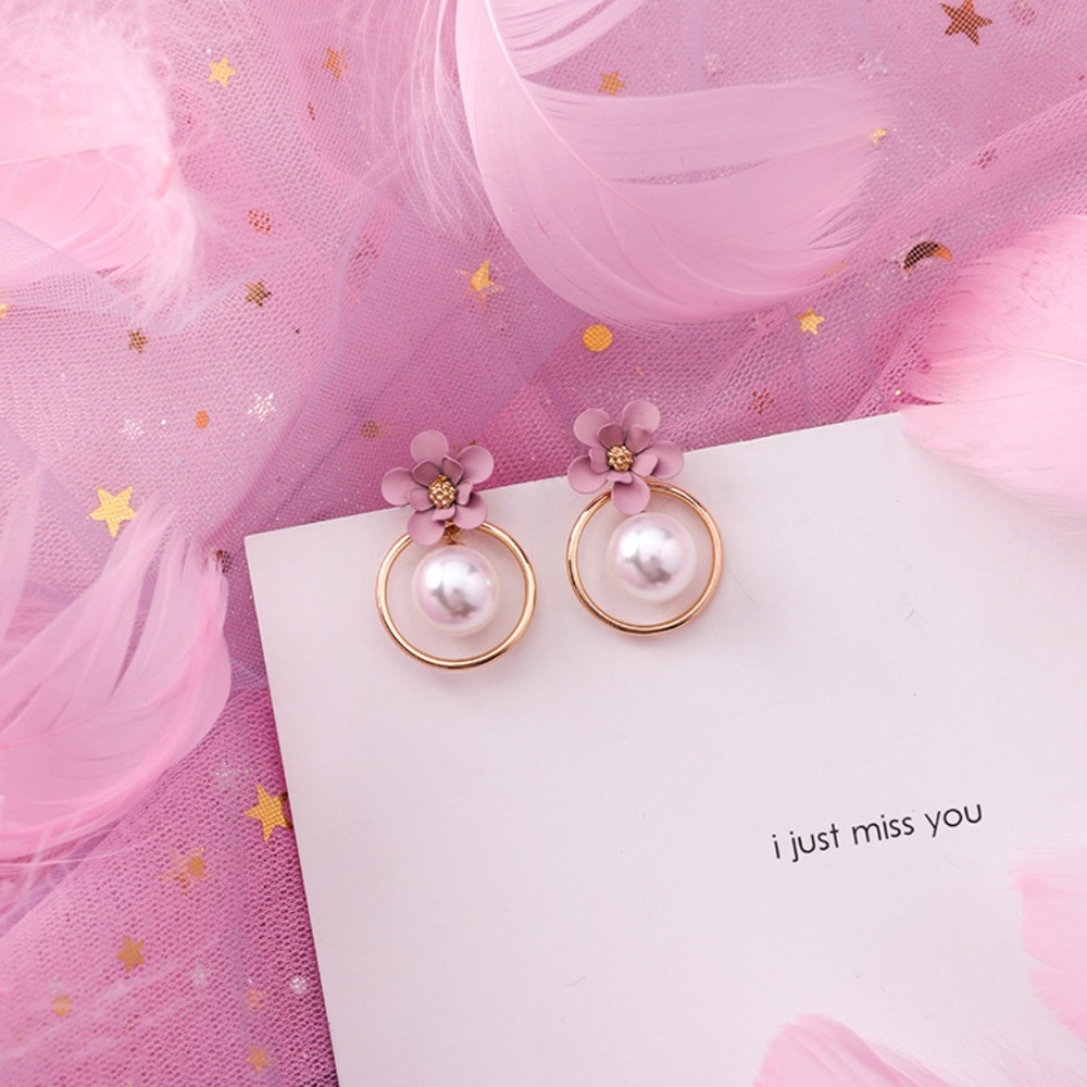 Cute Pink Gold Flower Floral Handmade Hoop Earrings Pearl Accent